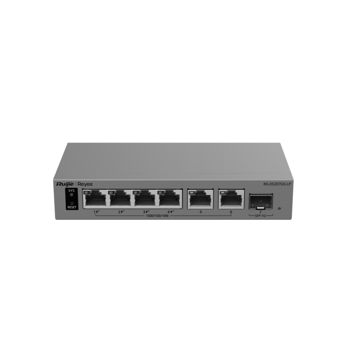 RG-ES207GS-LP ~ Gigabit pārvaldāms PoE switch komutators 4GE(PoE)+2GE(Uplink)+1GE(SFP) 40W (013374)