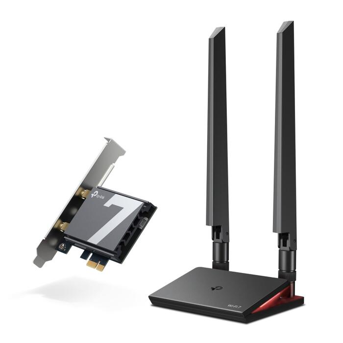 TP-Link Archer TBE550E BE9300 Wi-Fi 7 Bluetooth 5.4 PCIe trīs joslu adapteris 6 GHz 5760 Mbps 5 GHz 2880 Mbps 2.4 GHz 688 Mbps 2× antenas Melns (ARCHER TBE550E)