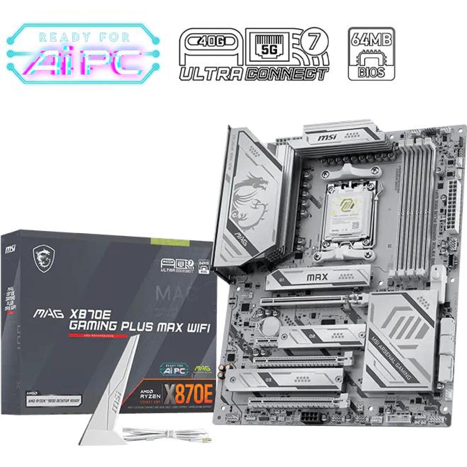 Msi Mātesplate MAG X870E GAMING PLUS MAX WIFI, 4x SATA-600, 3x M.2, 256 GB, 4800 MT/s, 5 Gigabit Ethernet, Wi-Fi 7, HD Audio (MAG X870E GAMING PLUS MAX WIFI)