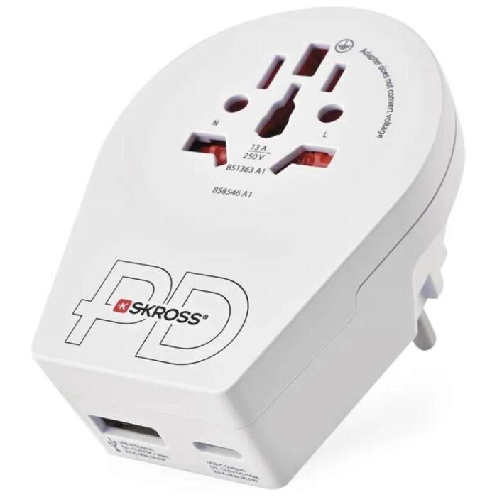 Emos Universāls ceļojumu adapters P0055U, balts, 1×USB-A 5V 3A, 1×USB-C 5V 3A, 100-250V~/16A max (P0055U)