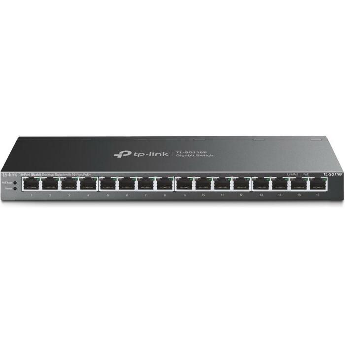 TP-LINK TL-SG116P настольный коммутатор, 16xRJ-45, 10/100/1000Mbps, PoE+ 120W, 32Gbps, 23.8Mpps, без вентилятора (TL-SG116P)