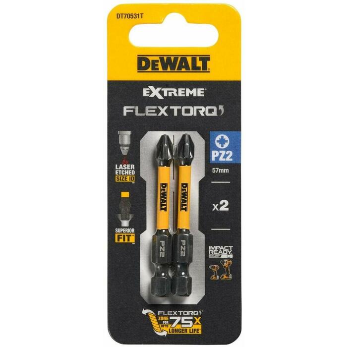 Dewalt FLEXTORQ бит для отвертки DT70531T-QZ PZ2 57mm, 2 шт., Torsion Impact, Blister, ISO 1173, ISO 2351-2, Долговечность (DT70531T-QZ)