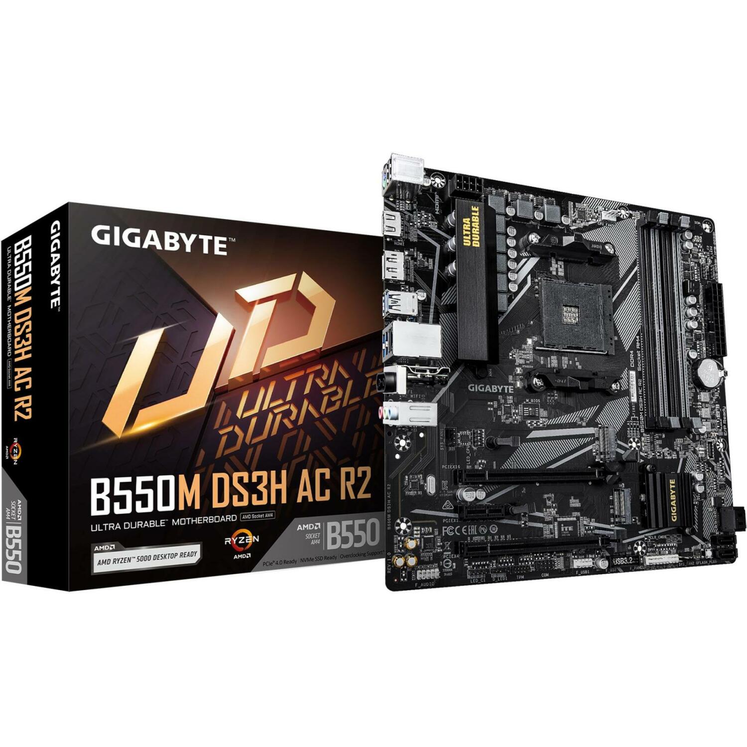 Gigabyte Материнская плата B550M DS3H AC R2, AMD Socket AM4, 5+3 фазы VRM, до 4733MHz DDR4, 2*M.2, Wi-Fi 5, 1GbE LAN (B550M DS3H AC R2)