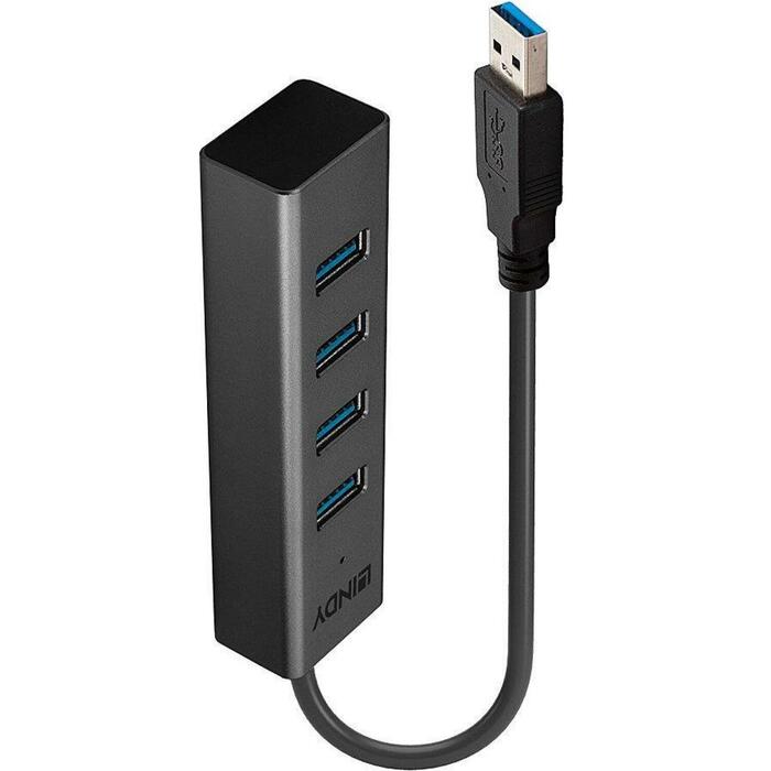 Lindy USB хаб 43324 4x USB 3.0, 5Gbps, серый, интегрированный кабель (43324)