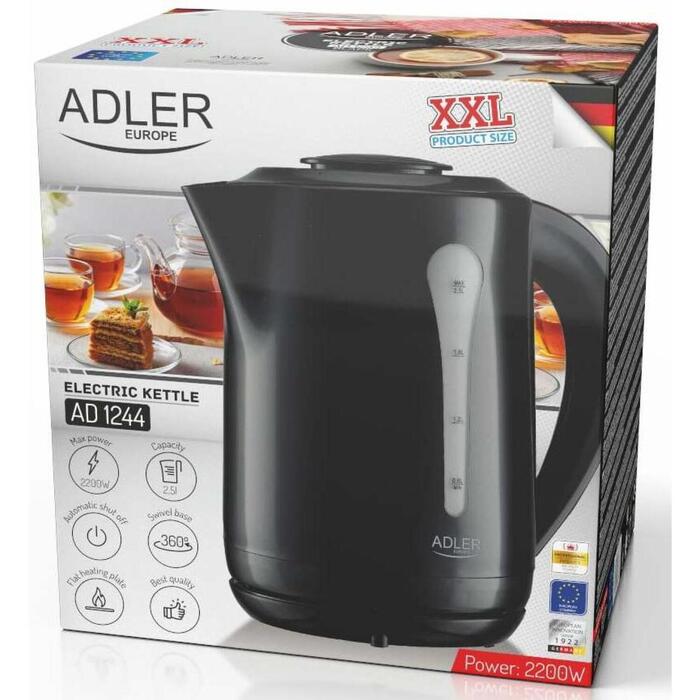 Adler Электрический чайник AD 1244b, 2,5 л, 2200 Вт, черный, пластик, 360° поворотная база, индикатор уровня воды (AD 1244b)