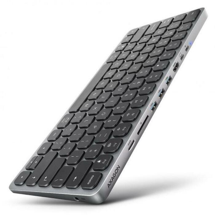 Axagon док-станция HMC-KB-GE 9in1, 3x USB-A 5Gbps, HDMI 4K/60Hz, считыватель карт памяти, 3.5mm аудио, 100W PD, клавиатура (HMC-KB-GE)