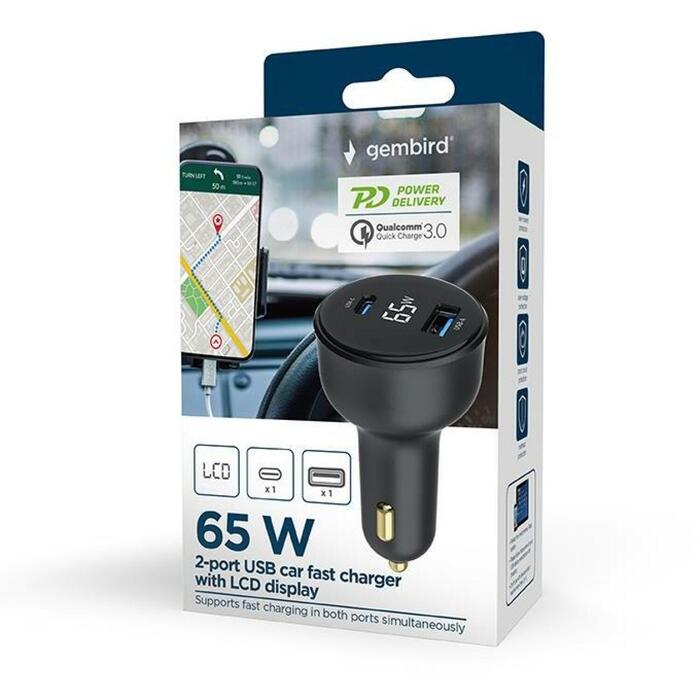 Gembird Lādētājs auto TA-UC-AC2PD65LCD-CAR-01 2 porti