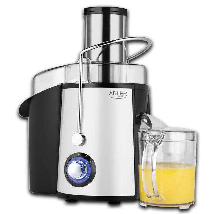 Centrbēdzes sulu spiede 1000 W ar 2 ātrumiem AD 4128 1000 W 2 ātrumi 75 mm barošanas atvere 1 L sulu trauks 2 L biezumu tvertne Melna/Balta Adler (AD 4128)