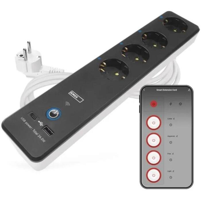 Emos удлинитель P1422SM, 2м, 4 розетки, с выключателем, 1x USB-A, 1x USB-C, 3680W, PVH, защита от детей (P1422SM)