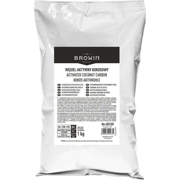 Browin 405109 Aktīvā kokosogles 1 kg, 0,55-2,4 mm, jods >900 mg/g, pelni <3%, 60 L, destilācijai (405109)