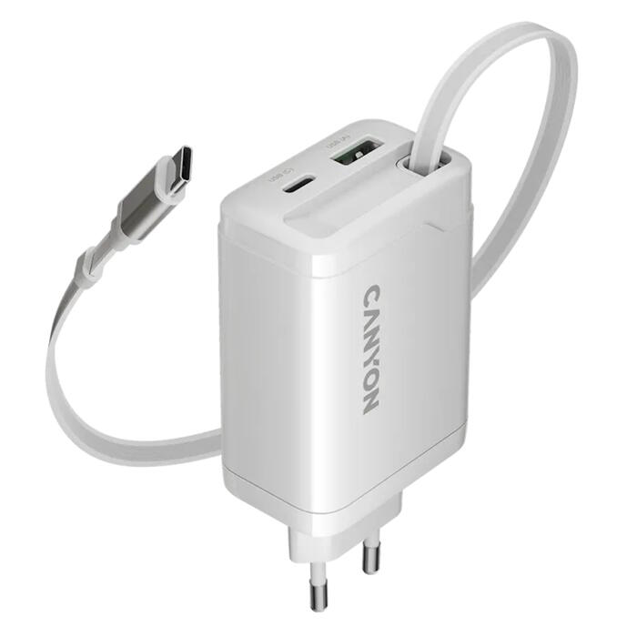 Компактное сетевое зарядное устройство со встроенным USB C кабелем общей мощностью 65 Вт портами быстрой зарядки 1×PD и 1×QC OnCharge 65RC Build In Cable EU Белый CNS-CURC65ACW CANYON (CNS-CURC65ACW)