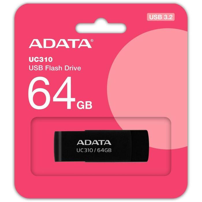 Adata USB флеш-накопитель UC310-64G-RBK 64 ГБ, USB 3.2 Gen 1, скорость чтения 100 МБ/с, черный, без крышки, поворотный (UC310-64G-RBK)