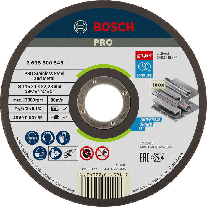 Griešanas ripa 115x22,2x1 mm, INOX, Mazām leņķa slīpmašīnām PRO STAINLESS STEEL AND METAL GRIEZĒJDISKS, 2608600545, BOSCH (2608600545)