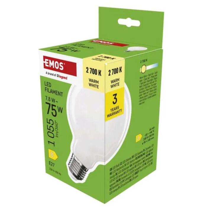 Emos LED лампа G95 ZF2D52, 7,8 Вт, 1055 лм, теплый белый, 230 В, 25 000 ч, E27, 360°, 4 чипа (ZF2D52)