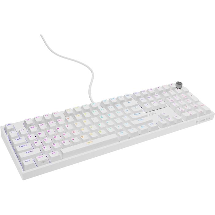 Genesis Thor 404 NKG-2300, mehāniskā spēļu klaviatūra, 107 taustiņi, USB, QWERTY US, Outemu Peach Silent, RGB apgaismojums, balta (NKG-2300)