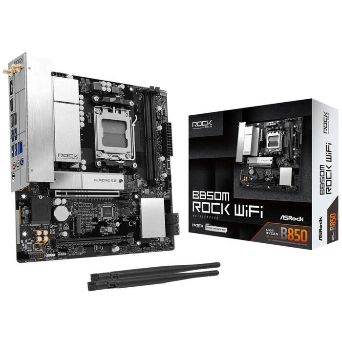 Mainboard|ASROCK|AMD B850|Socket AM5|micro ATX|RAM DDR5-SDRAM|2xSlots|Wi-Fi Yes|Bluetooth Yes|1xNumber of M.2 (M) slots|B850MROCKWIFI (B850M ROCK WIFI)