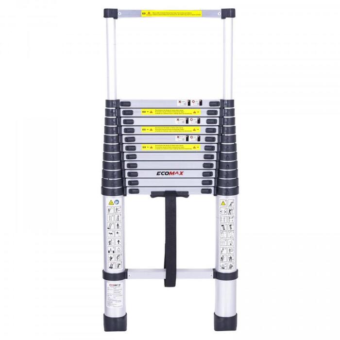 Ecomax Teleskopiskās kāpnes EML0101 EMX, 3,8m, 150kg, 50cm, alumīnija, pretslīdes pakāpieni, rokturis, EN131 (EML0101&EMX)