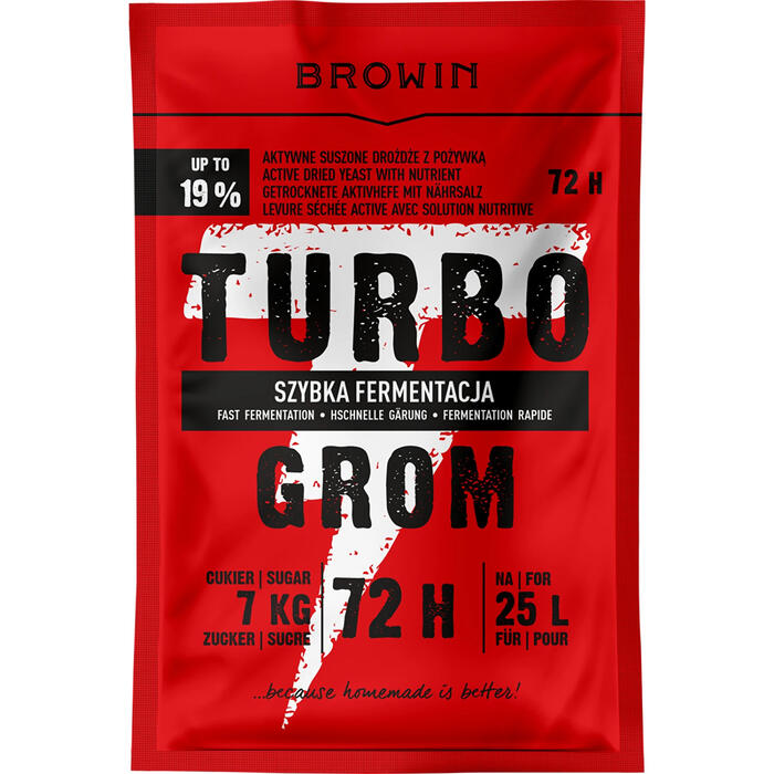 Browin дистилляционные дрожжи Turbo GROM 72h 403200, 120 г, 19% алкоголя, 25 Л партия, 6-8 кг сахара (403200)