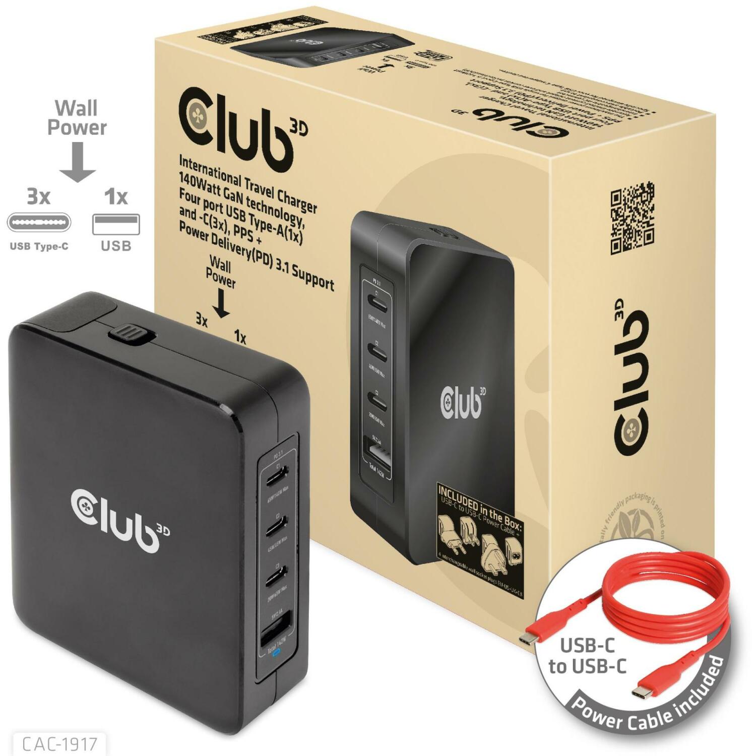 Club3D ceļojumu lādētājs CAC-1917 140W, 100-240V