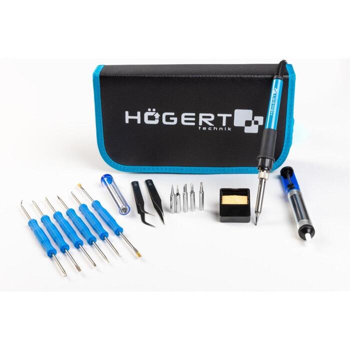 Hogert Паяльник HT2C316, 15-60W, 200-450°C, механическая регулировка, ±10°C, PU кейс, отсос припоя, пинцеты, жала, припой (HT2C316)