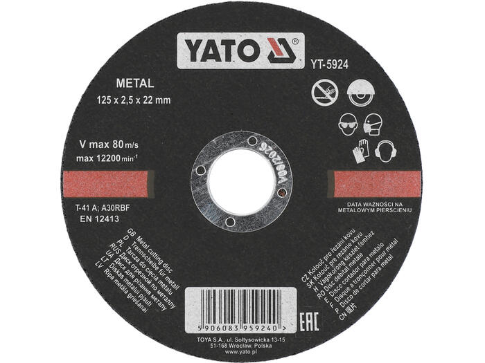Yato отрезной диск по металлу YT-5924, 125мм, 2.5мм, 22мм, 12200min⁻¹, 80м/с, плоский, армированный стекловолокном (YT-5924)