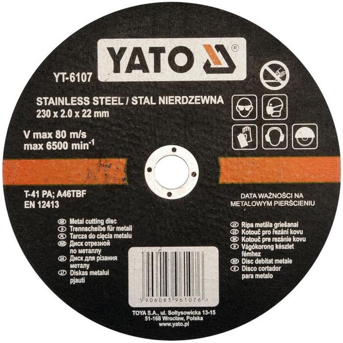 Yato Отрезной Диск YT-6107, 230мм, 22мм, 2мм, 6500мин⁻¹, 80м/с, плоский, нержавеющая сталь, резка (YT-6107)