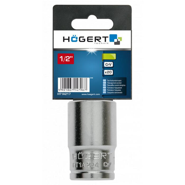 Hogert HT1A224 торцевая головка, 1/2" привод, HEX 24мм, сталь CrV, DIN 3124, 38мм (HT1A224)