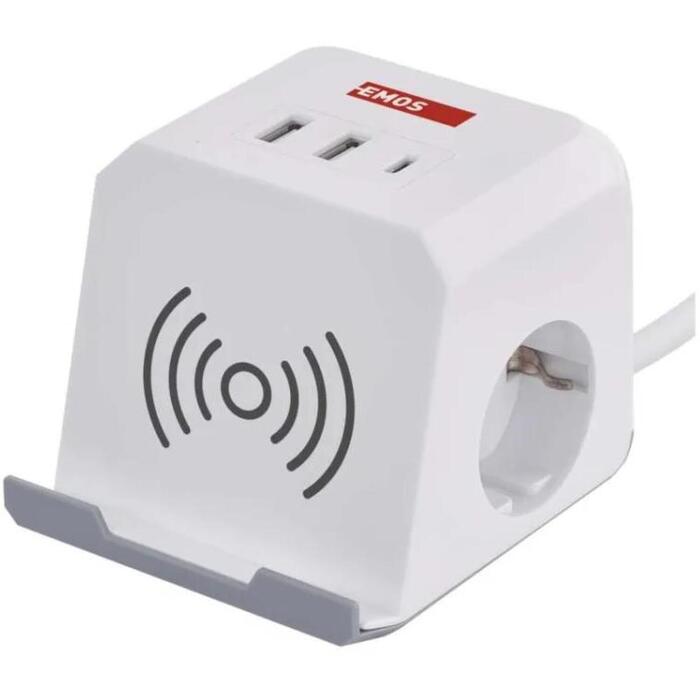 Emos Удлинитель МОДЕЛЬ P0222CQ, 2м, 2×2P+PE, 3 680W, 2×USB-A, 1×USB-C, Qi, защита от детей (P0222CQ)