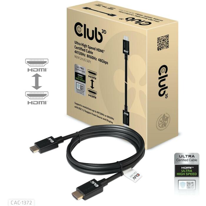 Club3D HDMI кабель CAC-1372, 2 м, 48 Гбит/с, 10K 120Hz, 3D, золотые контакты, черный (CAC-1372)