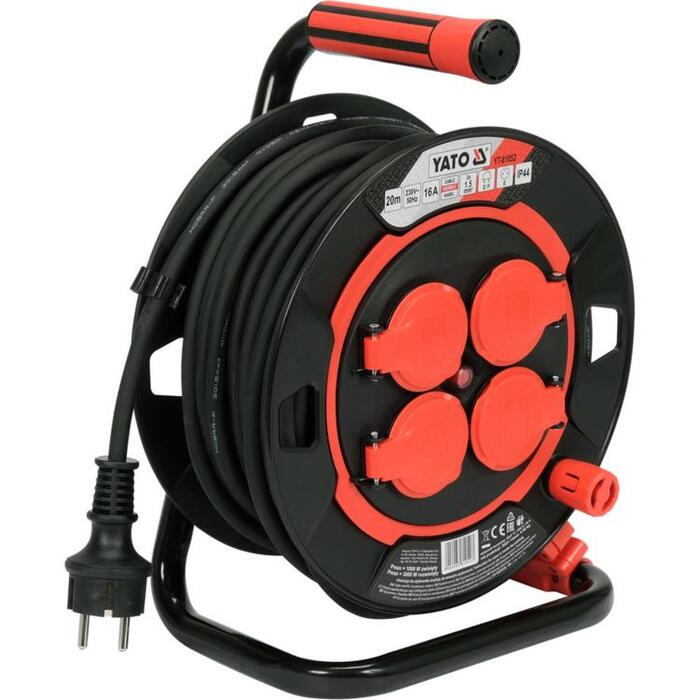 Yato удлинитель на катушке YT-81052, 20м, 3Gx1.5мм², 230В, 50Гц, 16А, IP44, 4 розетки, H05RR-F, 3000Вт, 1000Вт, заземление (YT-81052)
