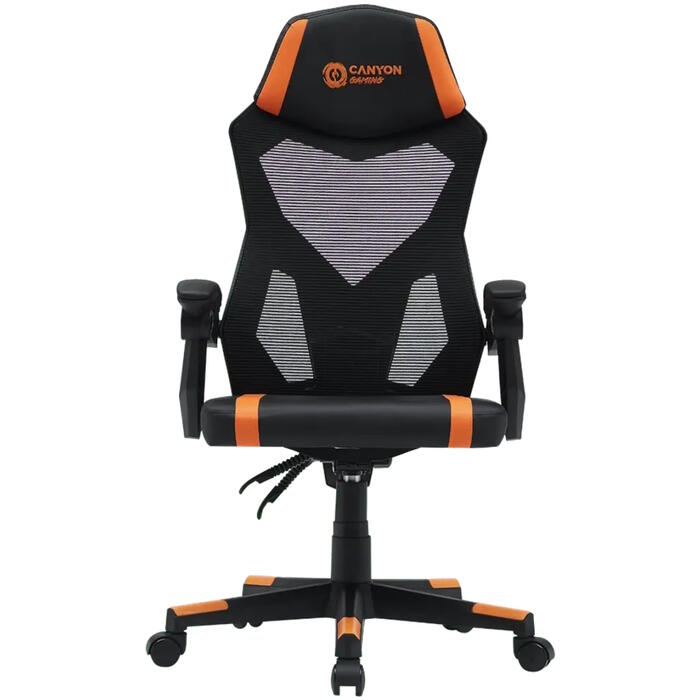 Spēļu krēsls ar mesh atzveltni 90°–135° regulējama atzveltne Class-3 gāzes pacēlājs līdz 120 kg Flow MCH01 Melns-Oranžs CNE-MCH01 CANYON (CNE-MCH01)