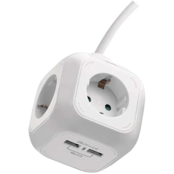 Emos Удлинитель P04219GU, 1,9м, 4x2P+PE, белый, PVC, 3680W, с USB, защита от детей (P04219GU)