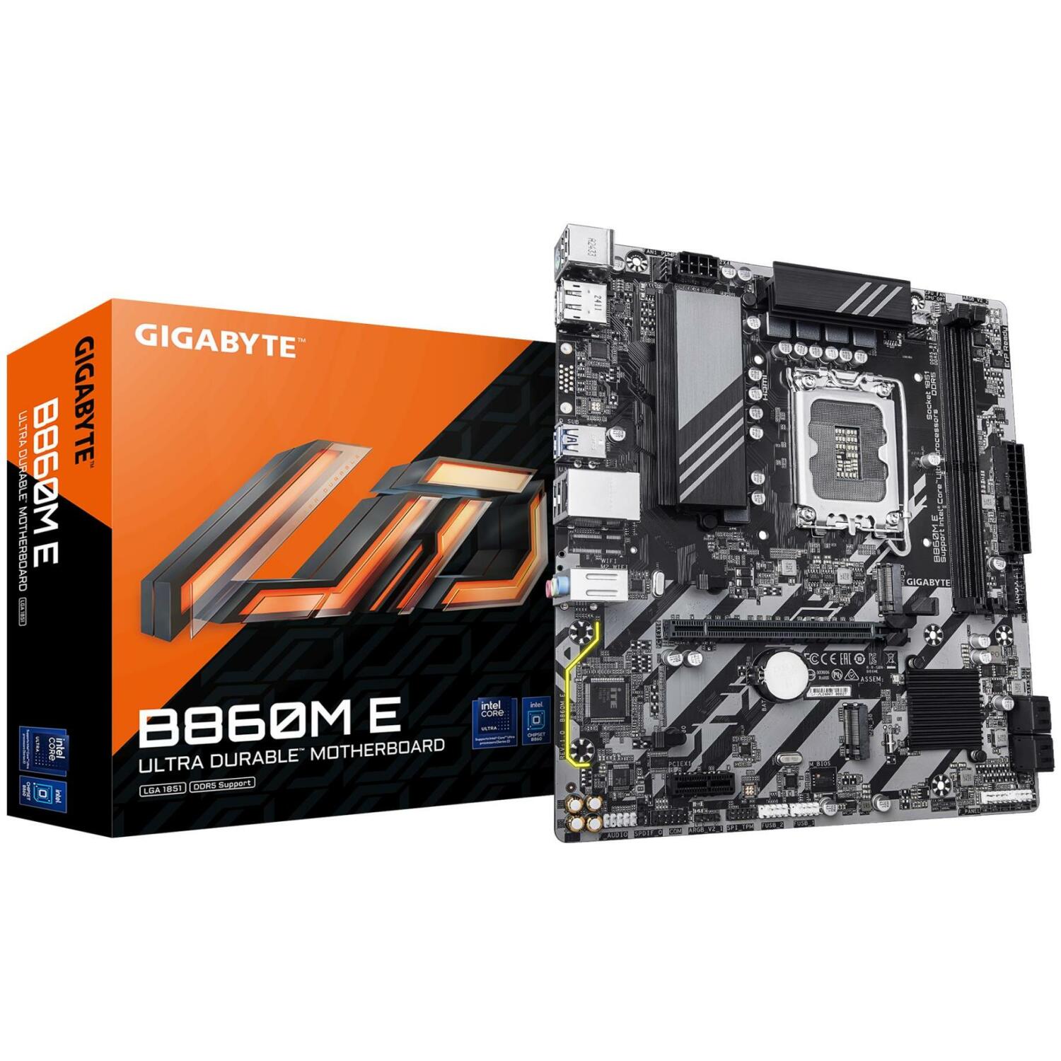 Gigabyte Материнская плата B860M E 1.0, Intel Core Ultra, 4+1+2 фазы VRM, до 8800MHz DDR5, 2xPCIe 4.0 M.2, 1GbE LAN, USB 3.2 Gen 1 (B860M E 1.0)