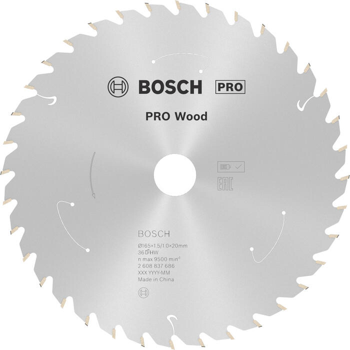 Standard for Wood 165x20/16x1.5/1.0x36T, Rokas ripzāģiem PRO WOOD CORDLESS RIPZĀĢA ASMENS, 2608837686, BOSCH (2608837686)