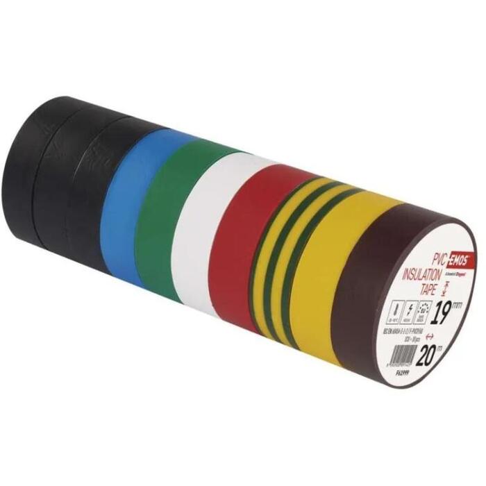Emos PVC изоляционная лента F61999, 20 м, 19 мм, 10 шт., Устойчивость к УФ, водоотталкивающая, изоляция кабеля (F61999)