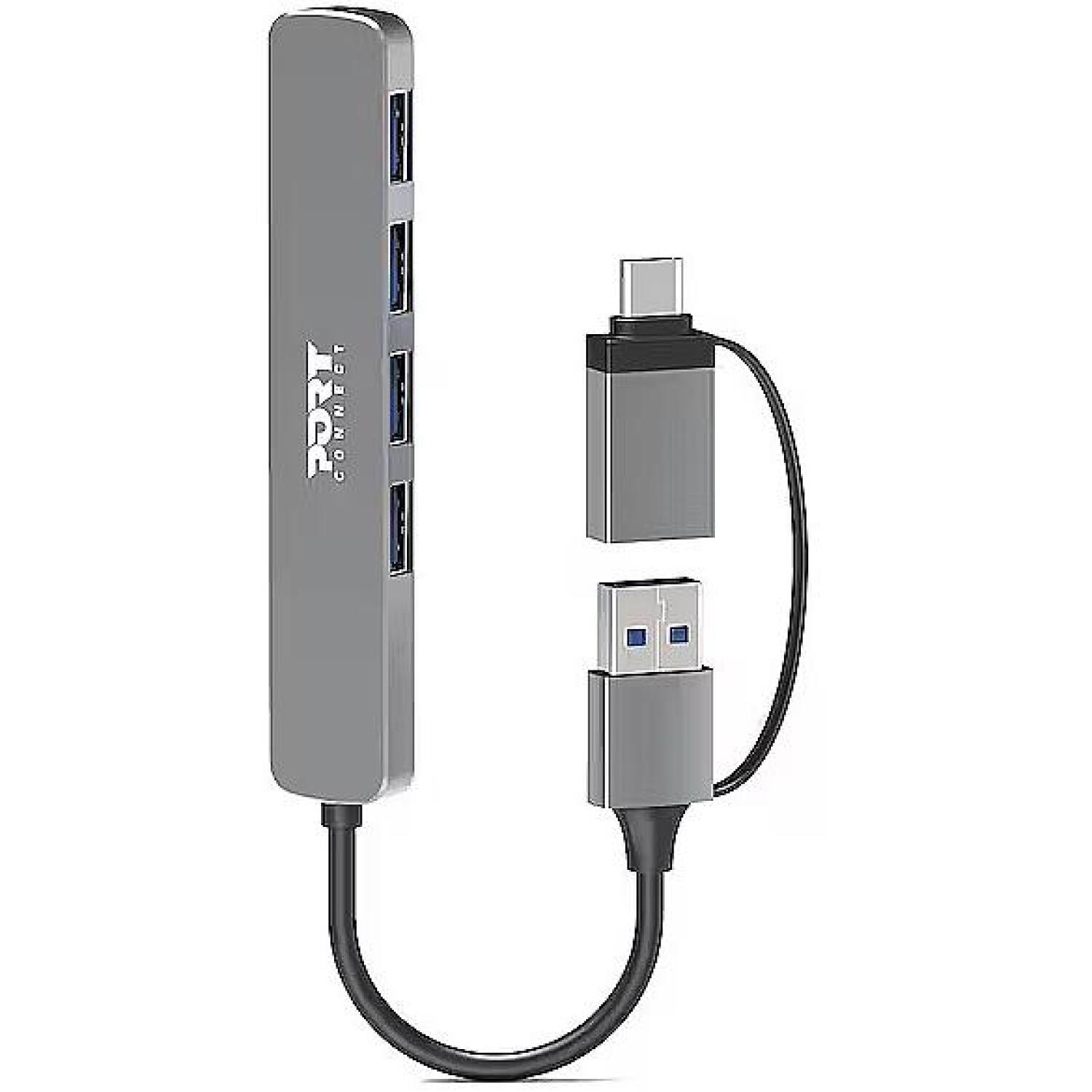 Port Connect USB-хаб 900161, 4x USB-A 3.0, 5 Гбит/с, USB-C/USB-A, алюминиевый корпус, MacOS, Windows (900161)