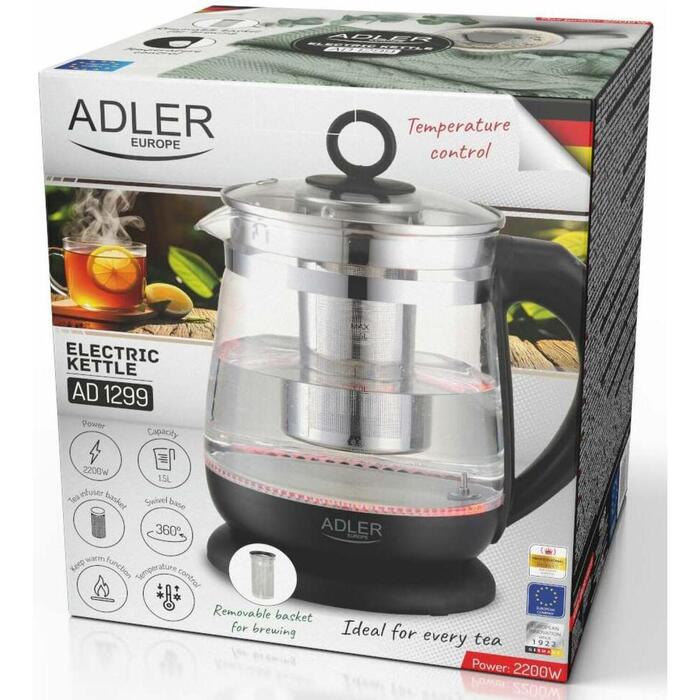 Adler Чайник AD 1299b, 2200 W, 1.5 L, стекло, 360° вращающаяся база, LED подсветка, автоматическое отключение (AD 1299b)