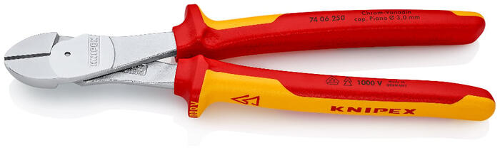 Augstas izturības diagonālie griezēji, KNIPEX, 74 06 250, VDE pārbaudīti, griešanas jauda līdz Ø 4.6 mm (74 06 250)