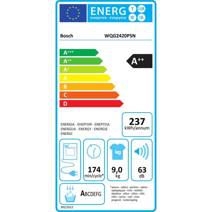 Bosch veļas žāvētājs WQG2420PSN, 9kg, 62dB(A), elektrisks, siltumsūknis, bērnu drošība (WQG2420PSN)