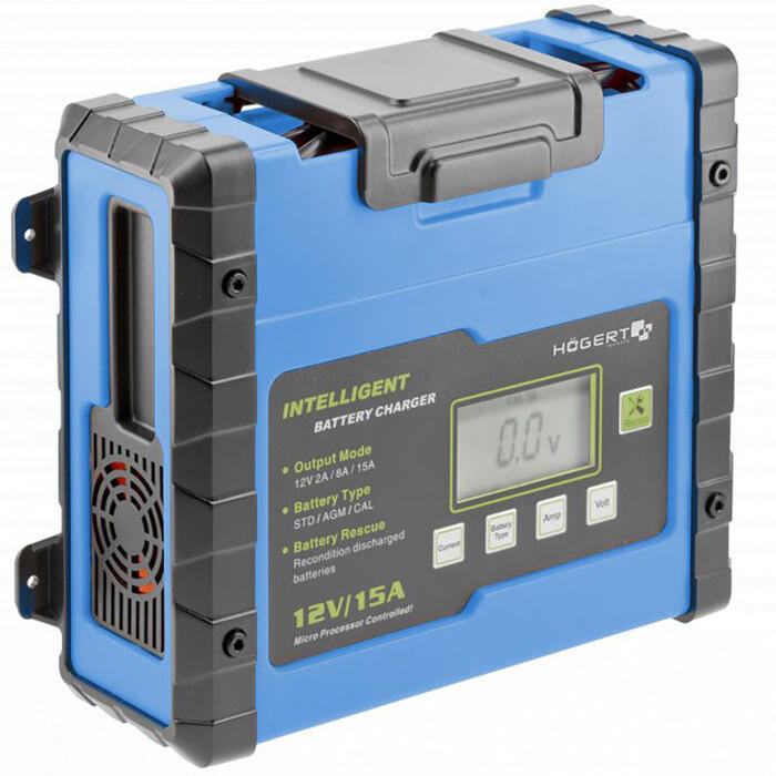 Hogert HT8G613 elektroniskais akumulatoru lādētājs, 12V, 2/8/15A, 15-300Ah, IP20, LCD displejs, 1m kabelis (HT8G613)