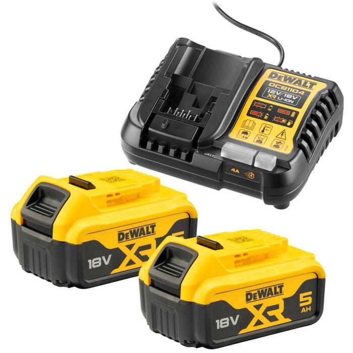 Dewalt DCB1104P2-QW akumulators, 18 V, 5 Ah, Li-ion, 4.0 A, 2 gab, uzlādes līmeņa indikators, izturīgs korpuss (DCB1104P2-QW)