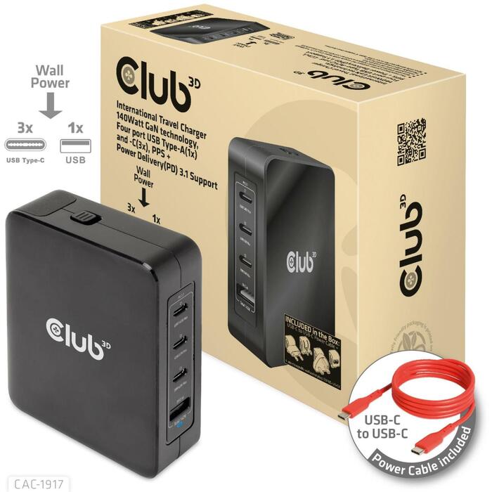 Club3D ceļojumu lādētājs CAC-1917 140W, 100-240V