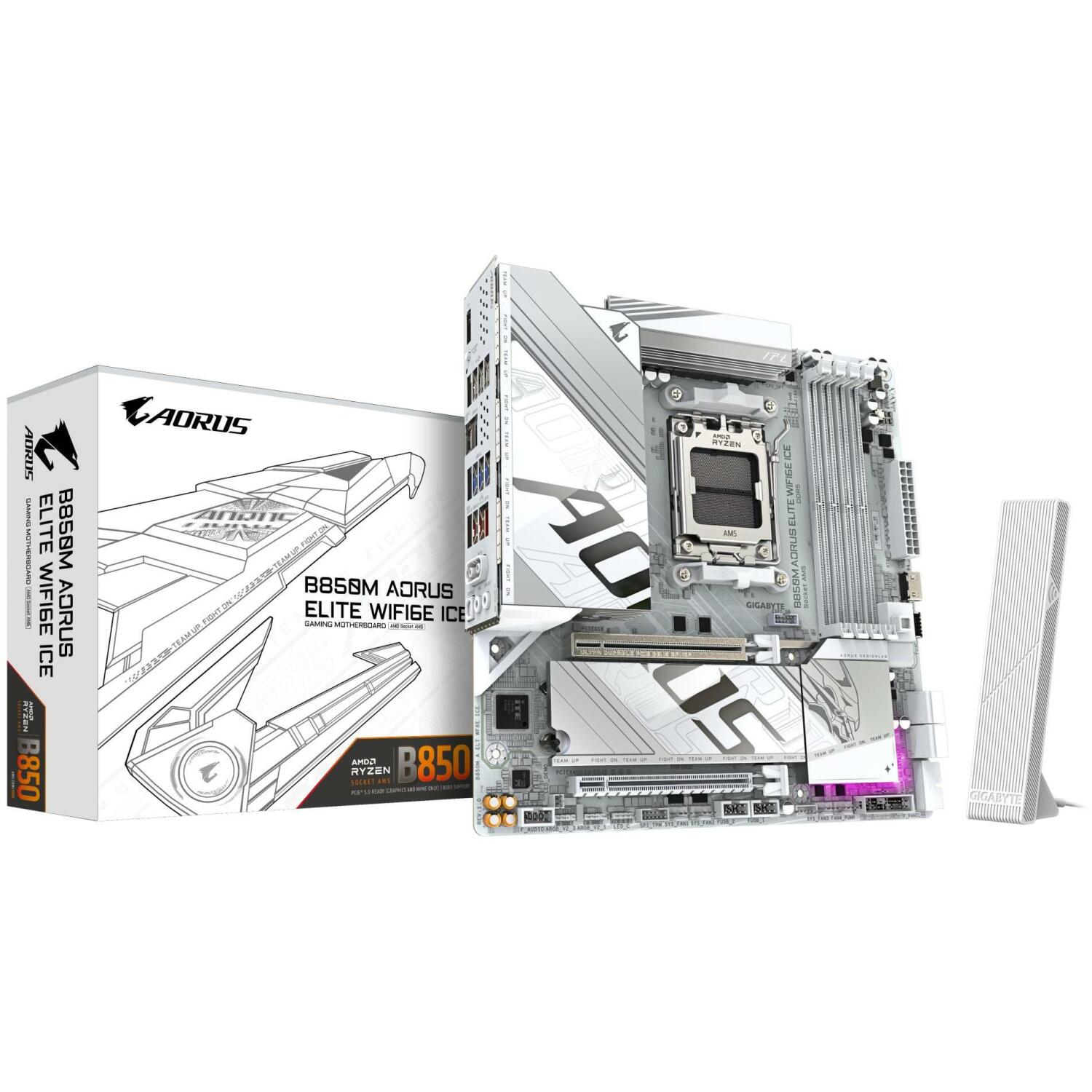 Gigabyte Материнская плата B850M A ELT WF6E ICE, 12+2+1 фазы, DDR5 4 DIMM, PCIe 5.0 x16, M.2 Gen5, 2.5GbE LAN, Wi-Fi 6E (B850M A ELT WF6E ICE 1.1)