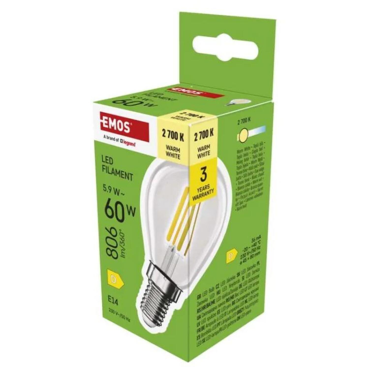 Emos LED лампочка Filament Mini Globe ZF1D42, 5,9 Вт, 806 лм, теплый белый, 360°, E14, 25 000 часов (ZF1D42)