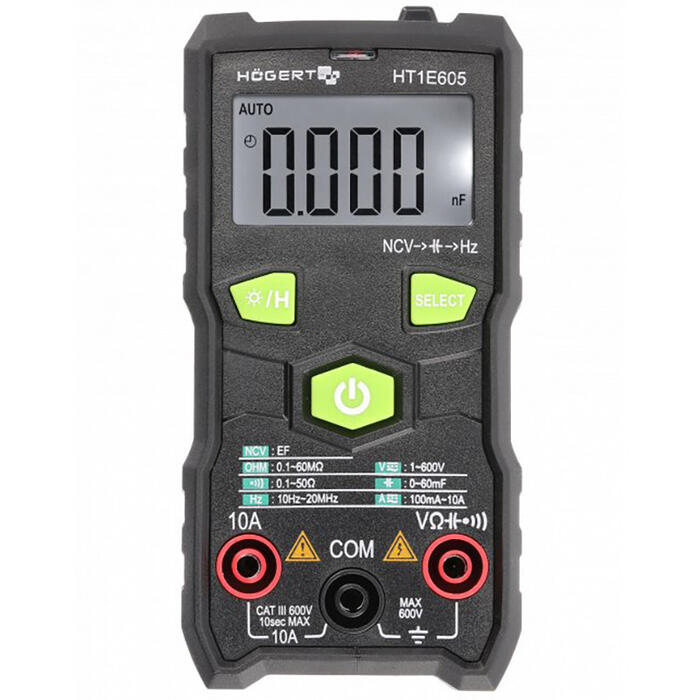 Hogert HT1E605 умный мультиметр, 600В, 10А, 60МОм, 60мФ, 20мГц, TRUE RMS, NCV, DATA HOLD, ЖК-дисплей с подсветкой, 6000 отсчетов (HT1E605)