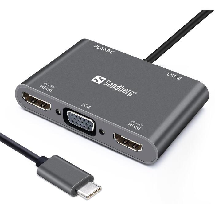 Sandberg 136-35 USB-C dokstacija, 2xHDMI, 1xVGA