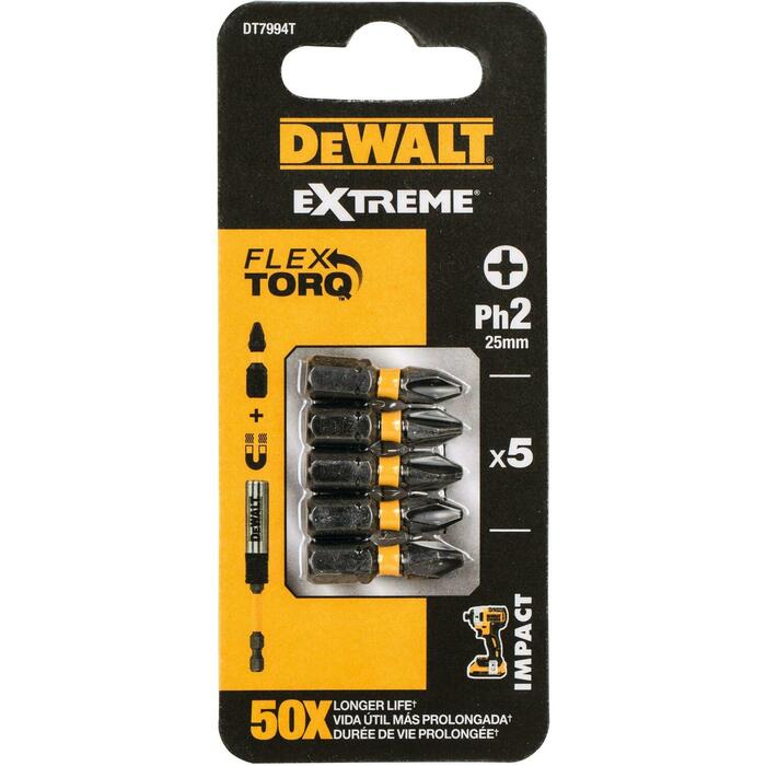 Dewalt FlexTORQ бит для отвертки DT7994T-QZ PH2 25mm, 5 шт, термообработанный, ударопрочный, увеличенный срок службы (DT7994T-QZ)