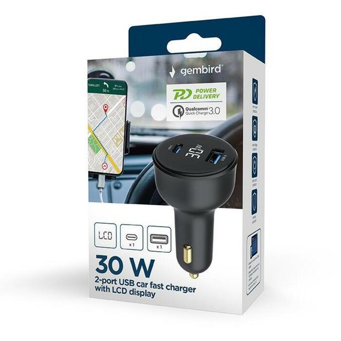 Gembird Lādētājs auto TA-UC-AC2PD30LCD-CAR-01 30 W