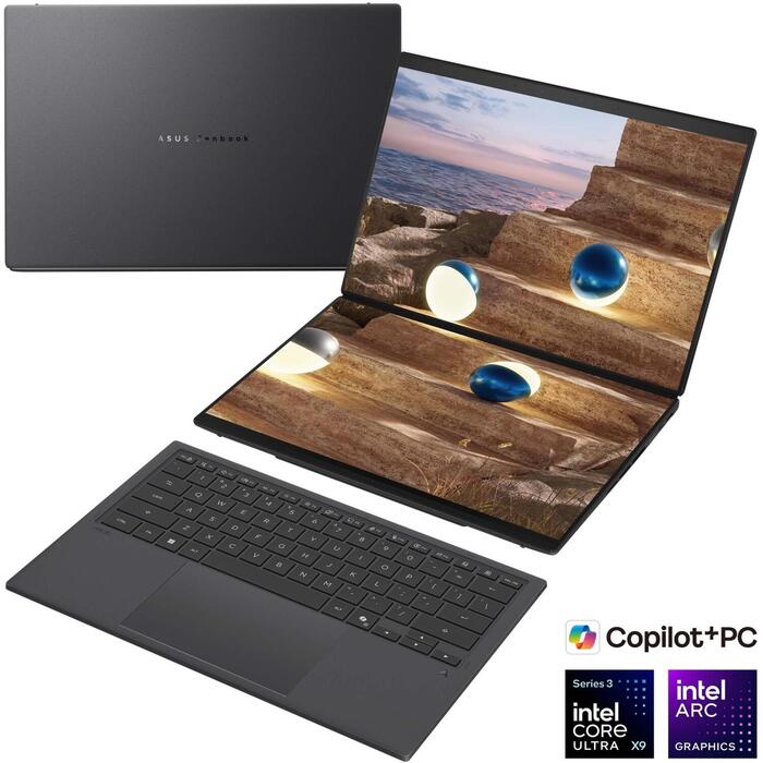 Asus Zenbook Duo UX8407AA-SN094X, 14", OLED, 2.8K, 2880 x 1800, Intel Core Ultra 9, 378H, 32 ГБ, LPDDR5X, 2000 ГБ SSD (90NB16V1-M00YN0)