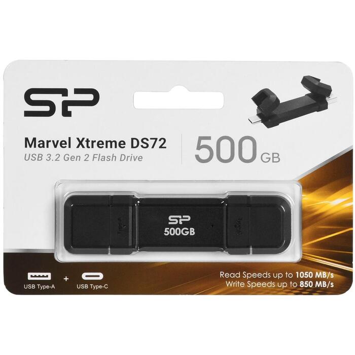 Silicon Power DS72 USB флеш-накопитель SP500GBUC3S72VPK, 500 ГБ, 1050 МБ/с, 850 МБ/с, USB Type-A / USB Type-C, черный (SP500GBUC3S72VPK)